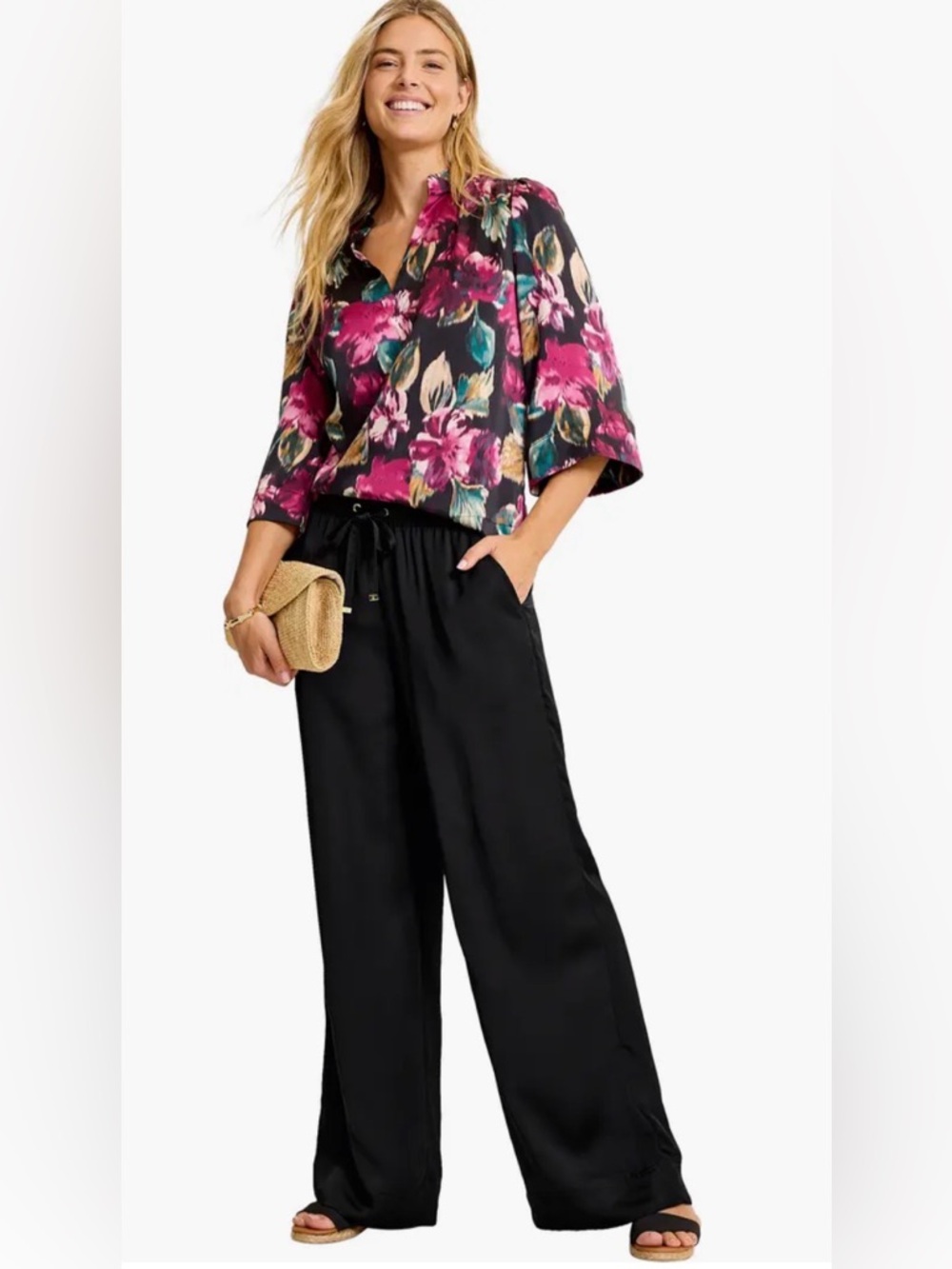NWT [Tommy Bahama] Black Tencel Satin Drawstring Wide-Leg Pants Women’s XL - Picture 3 of 12